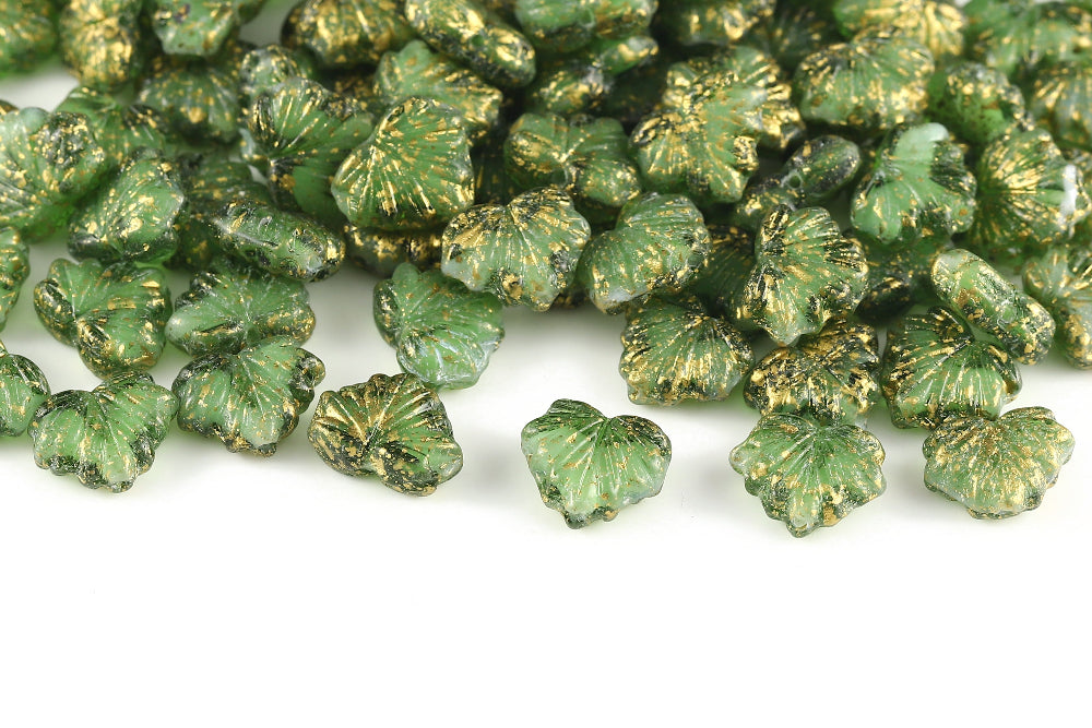 Maple Leaves 13×11mm Chalk&Olivine Gold Splash 1-Hole Czech Beads