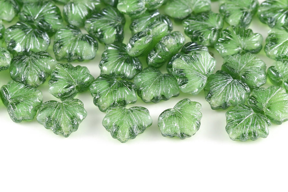 Maple Leaves 13×11mm Chalk&Olivine Luster 1-Hole Czech Beads