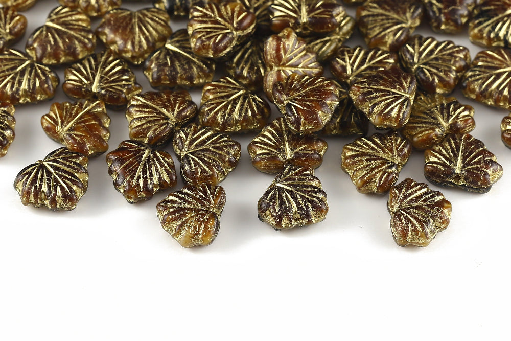 Maple Leaves 13×11mm Smoked Topaz Mixed With Gold 1-Hole Czech Beads