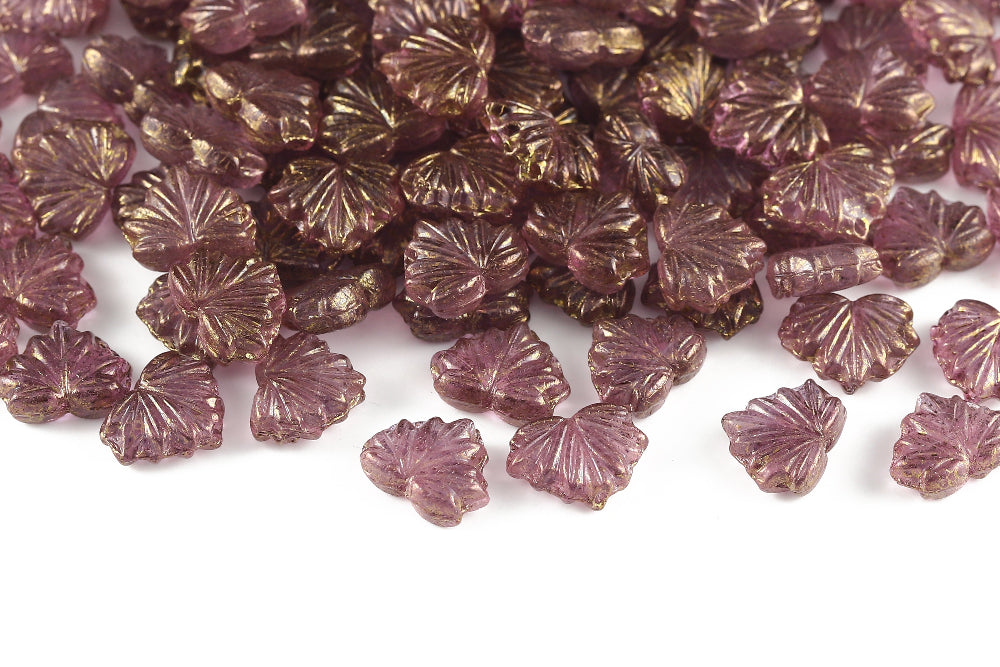 Maple Leaves 13×11mm Lt.Amethyst Gold Marble 1-Hole Czech Beads