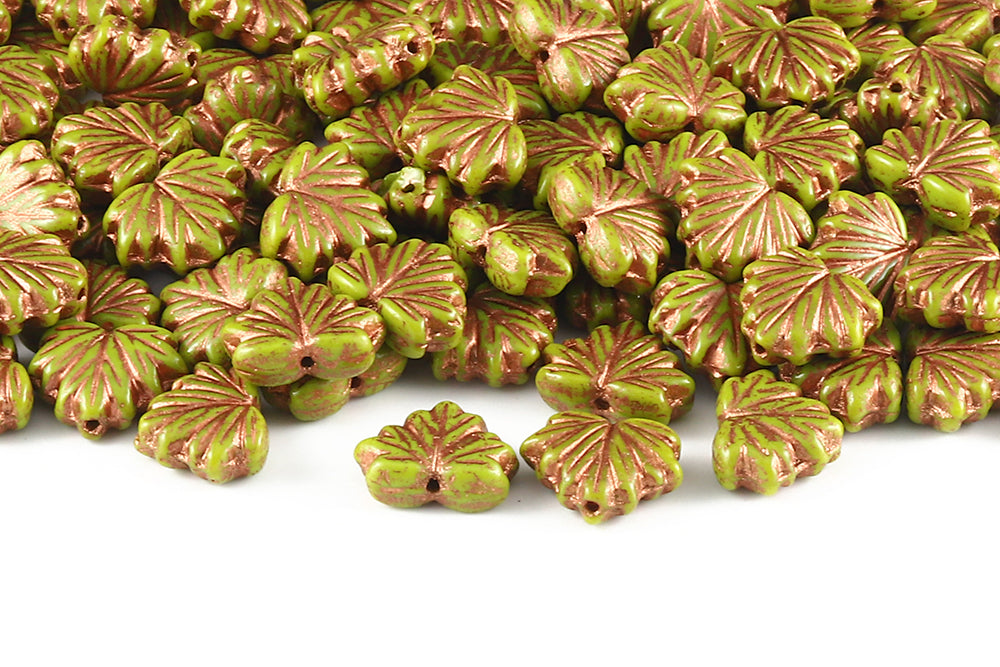 Maple Leaves 13×11mm Opaque Olivine With Copper 1-Hole Czech Beads