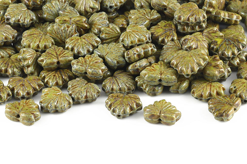 Maple Leaves 13×11mm Opaque Olivine Travertin 1-Hole Czech Beads