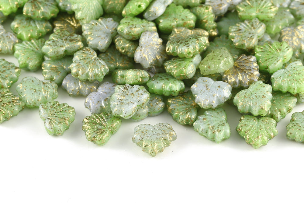 Maple Leaves 13×11mm Gray Limecicle Mixed Gold Splash 1-Hole Czech Beads