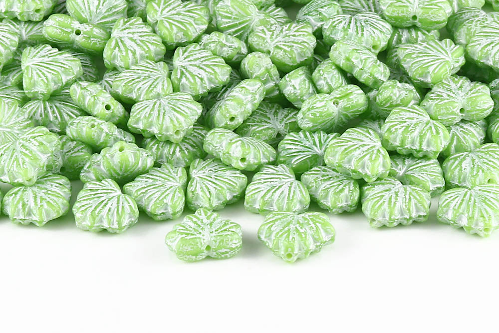 Maple Leaves 13×11mm Silk Green With White 1-Hole Czech Beads