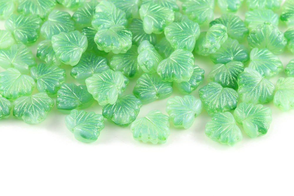Maple Leaves 13×11mm White Opal&Emerald With Metallic Green 1-Hole Czech Beads