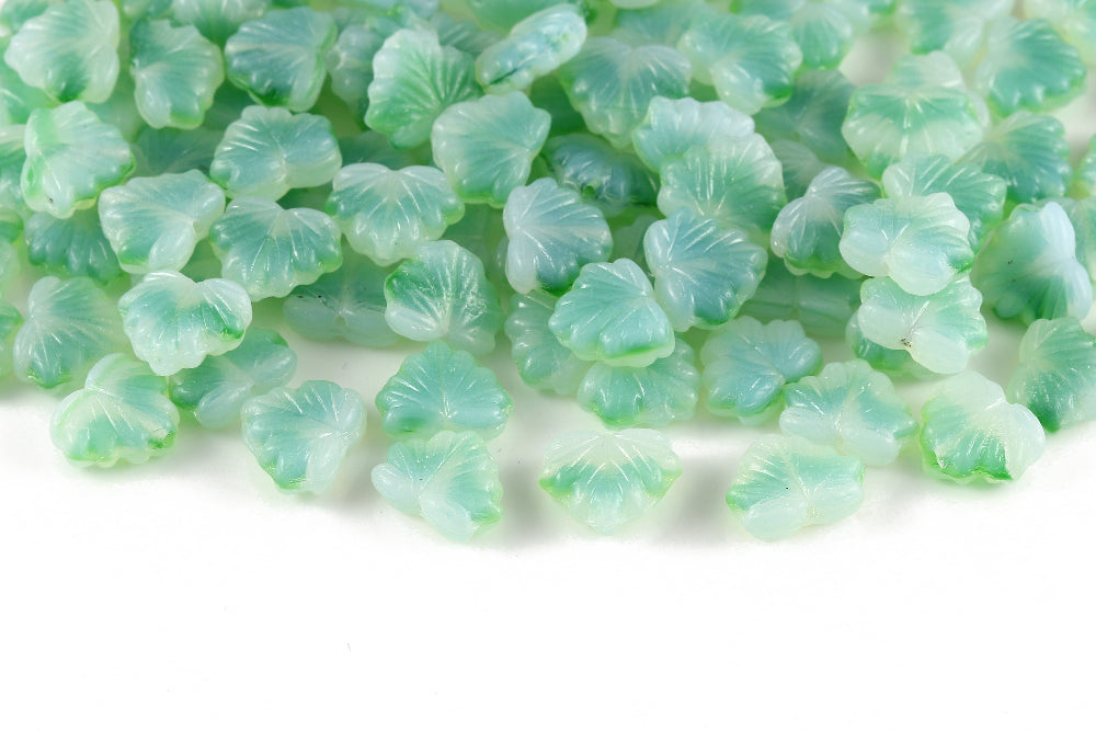 Maple Leaves 13×11mm White Opal&Emerald 1-Hole Czech Beads