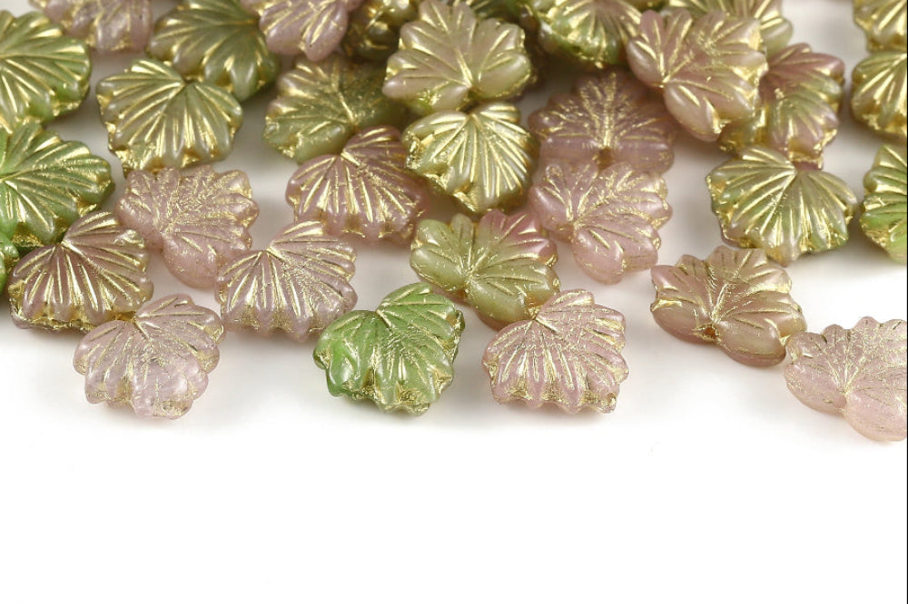 Maple Leaves 13×11mm Rose Opal Peridot Mixed With Gold 1-Hole Czech Beads