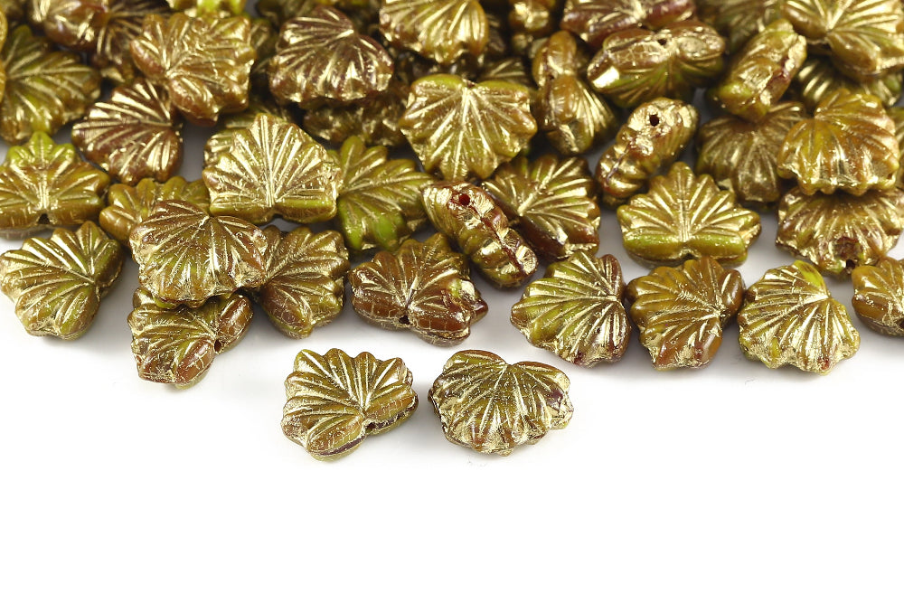 Maple Leaves 13×11mm Saim Olivine Mixed With Gold 1-Hole Czech Beads