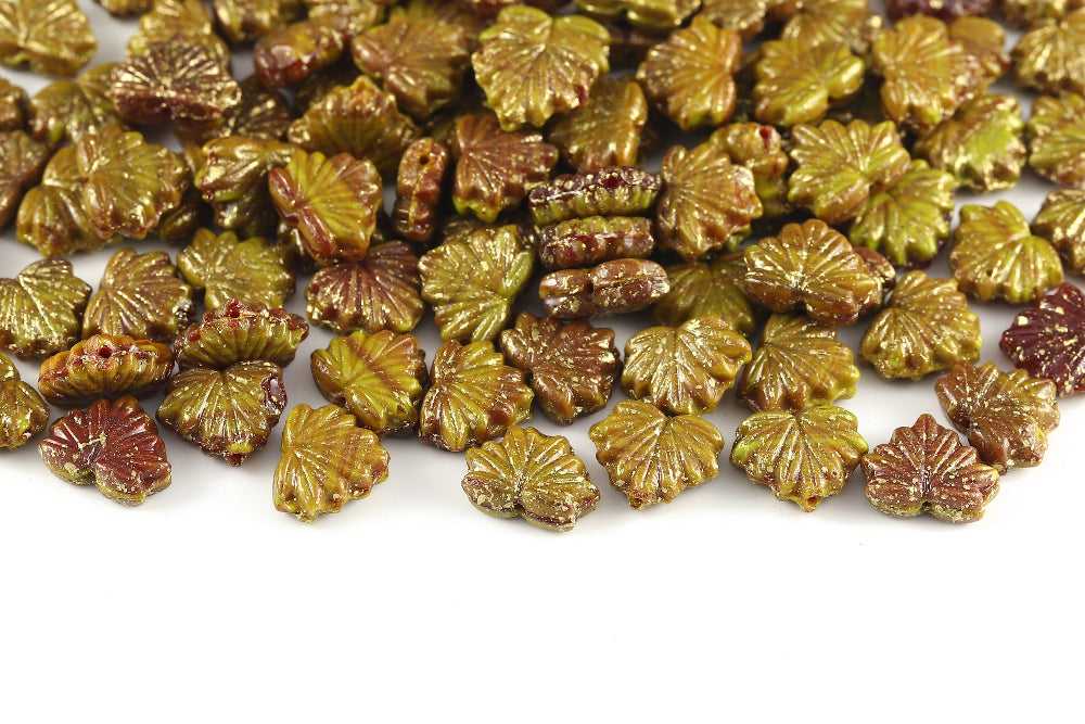 Maple Leaves 13×11mm Saim Olivine Mixed Gold Splash 1-Hole Czech Beads