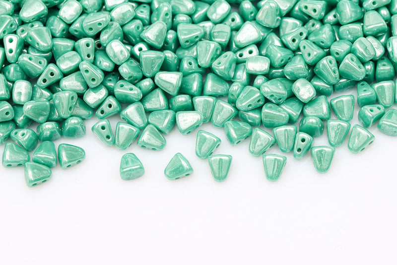 Nib-Bit 6×5mm Turquoise Green White Luster 2-Hole Czech Beads