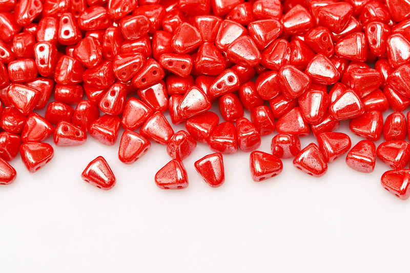 Nib-Bit 6×5mm Opaque Coral Red White Luster 2-Hole Czech Beads