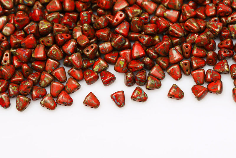 Nib-Bit 6×5mm Opaque Coral Red Travertin Dark 2-Hole Czech Beads