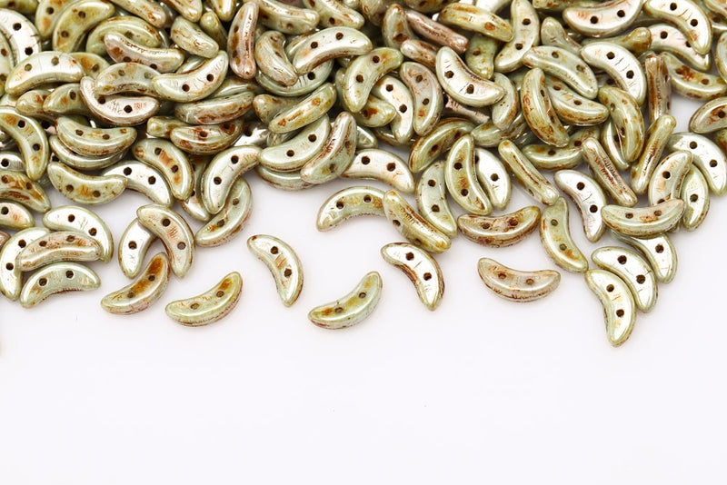 Crescent 3×10mm Chalk Green Glaze 2-Hole Czech Beads