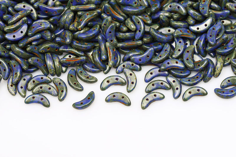 Crescent 3×10mm Opaque Blue Travertin 2-Hole Czech Beads