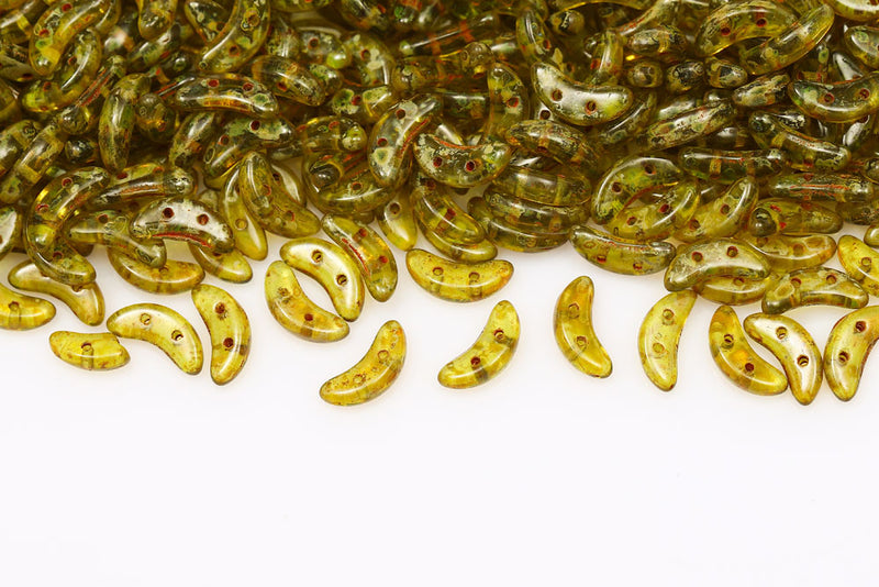 Crescent 3×10mm Olivine Travertin 2-Hole Czech Beads