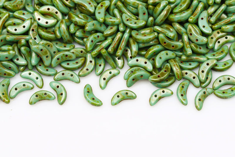 Crescent 3×10mm Turquoise Green Travertin 2-Hole Czech Beads