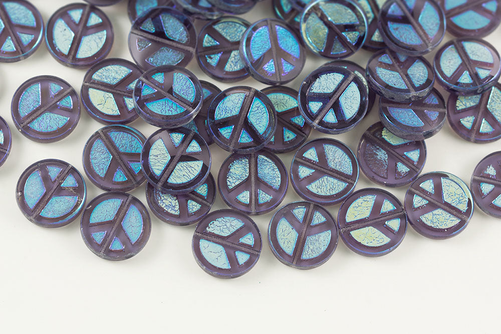 Peace Coins 16mm Deep Tanzanite AB Full 1-Hole Czech Beads