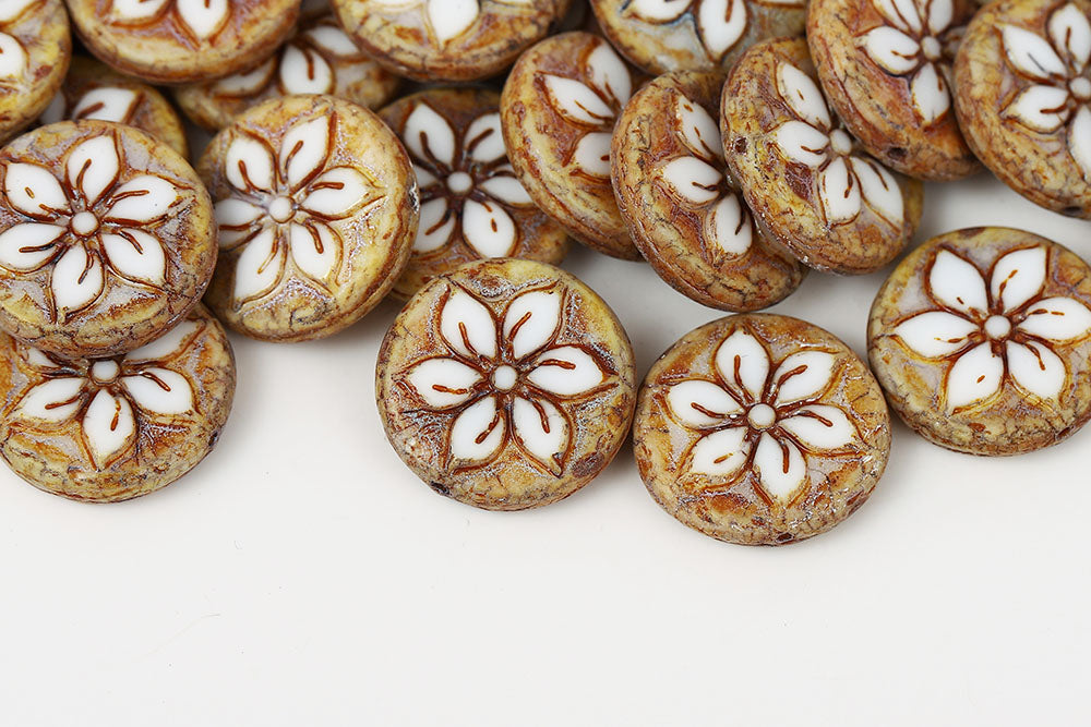 Plumeria 18mm Chalk Amber Marble Finish 1-Hole Czech Beads