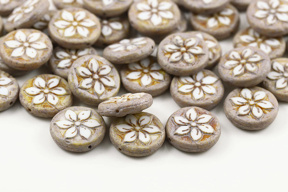 Plumeria 18mm Chalk Ivory Marble Finish 1-Hole Czech Beads