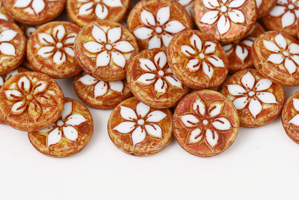 Plumeria 18mm Chalk Orange Marble Finish 1-Hole Czech Beads