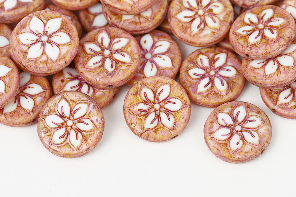 Plumeria 18mm Chalk Pink Marble Finish 1-Hole Czech Beads