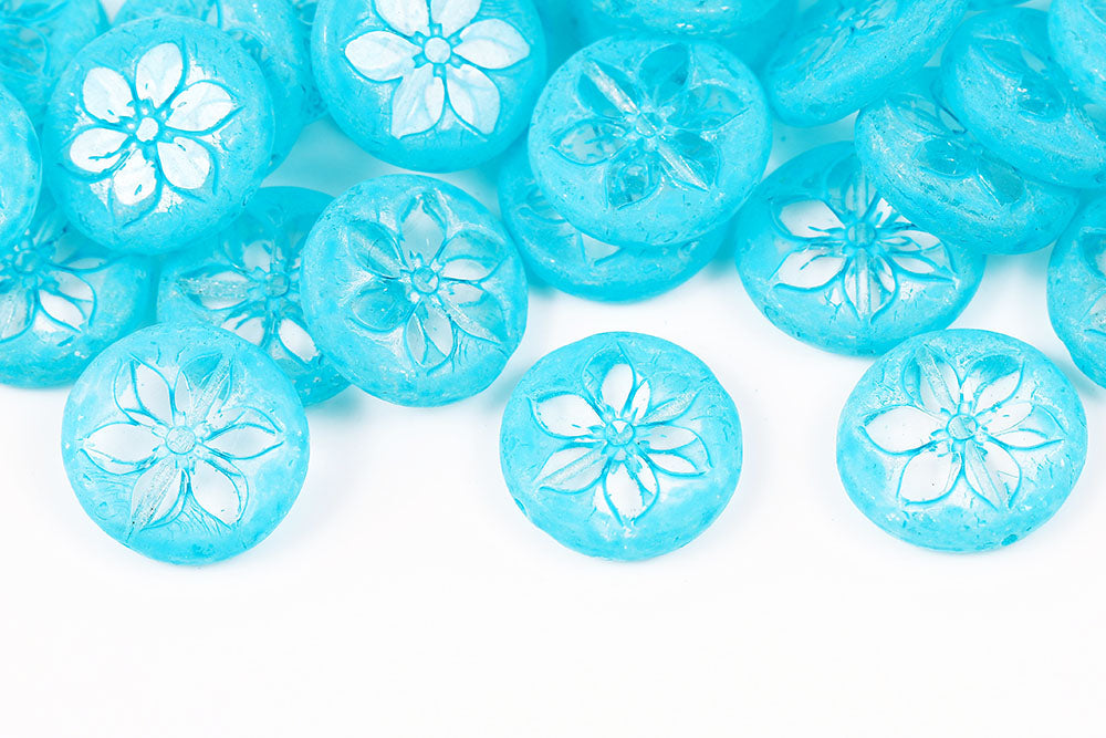 Plumeria 18mm Crystal Blue Finish 1-Hole Czech Beads