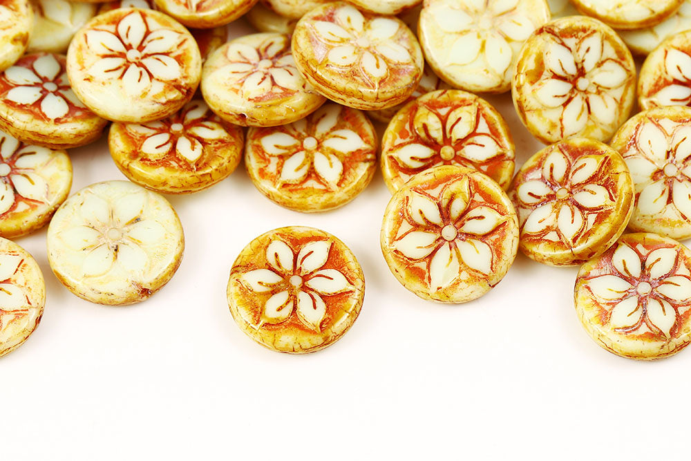 Plumeria 18mm Off White Travertin 1-Hole Czech Beads