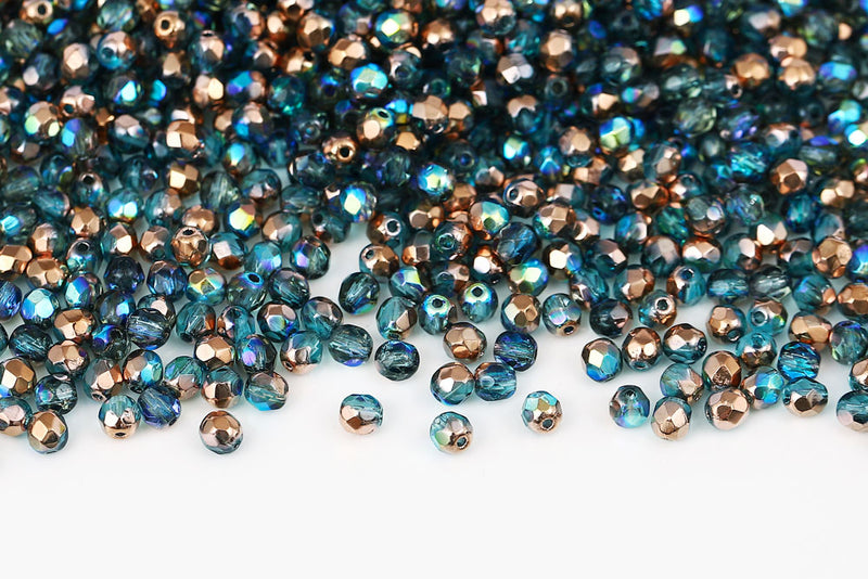 Czech Fire Polished 4mm Aqua Bohemica Cooper Rainbow Round Beads