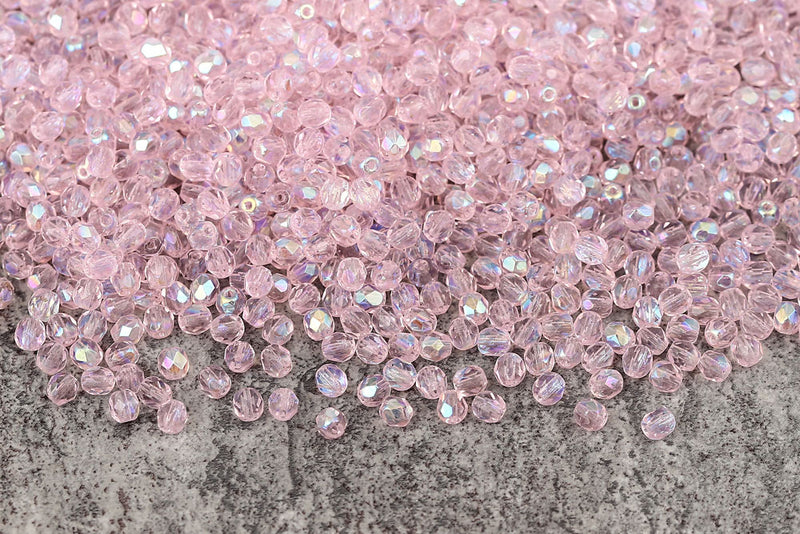 Czech Fire Polished 4mm Pink Sapphire AB Round Beads