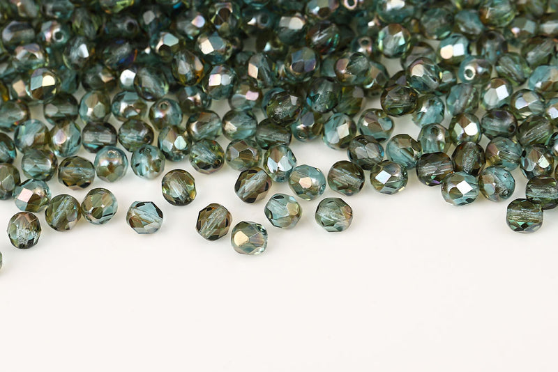 Czech Fire Polished 6mm Aquamarine Celsian Round Beads