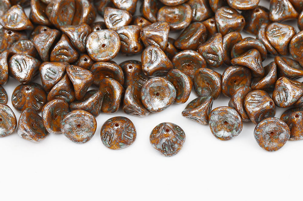 Daylily Flower 8×10mm Opaque Orange Travetine Silver Finish 1-Hole Czech Beads