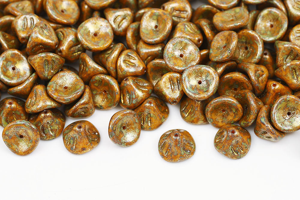 Daylily Flower 8×10mm Opaque Orange Travetine Gold Finish 1-Hole Czech Beads