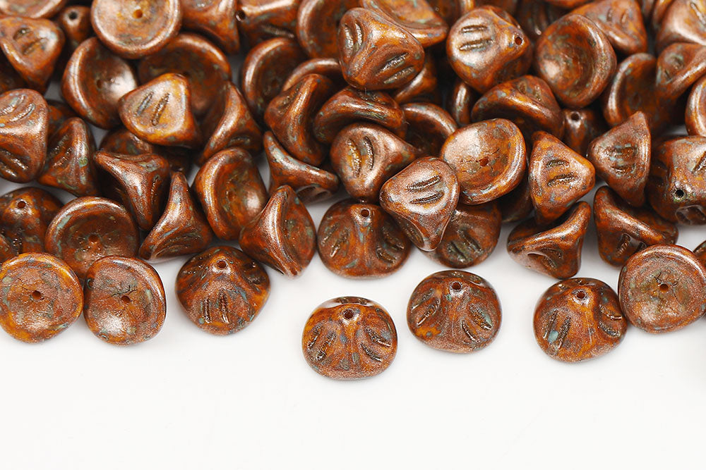 Daylily Flower 8×10mm Opaque Orange Travetine Copper Finish 1-Hole Czech Beads