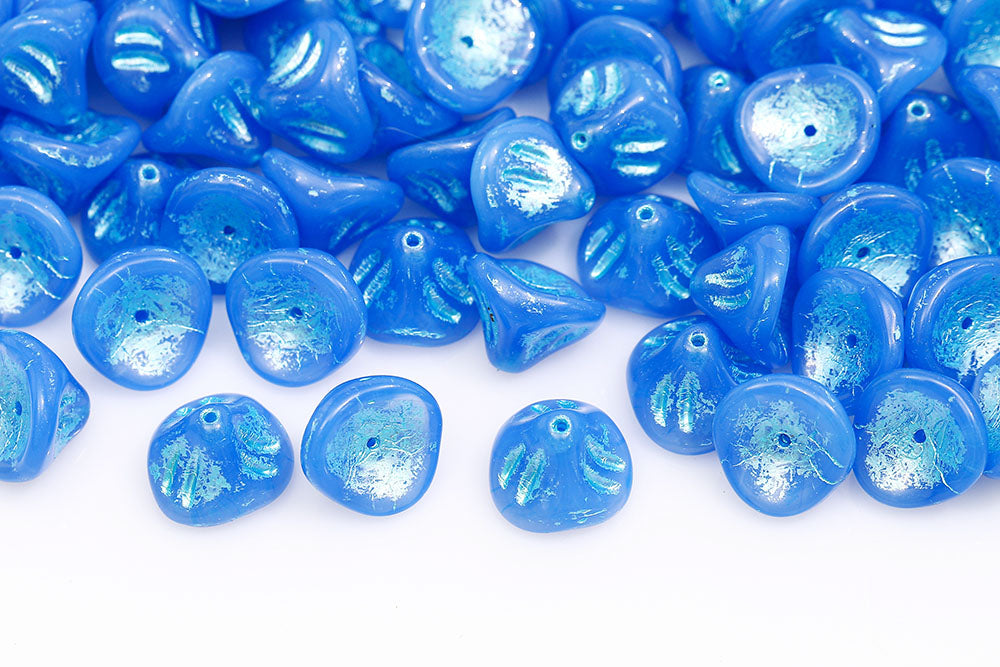 Daylily Flower 8×10mm Opal Blue With Blue 1-Hole Czech Beads