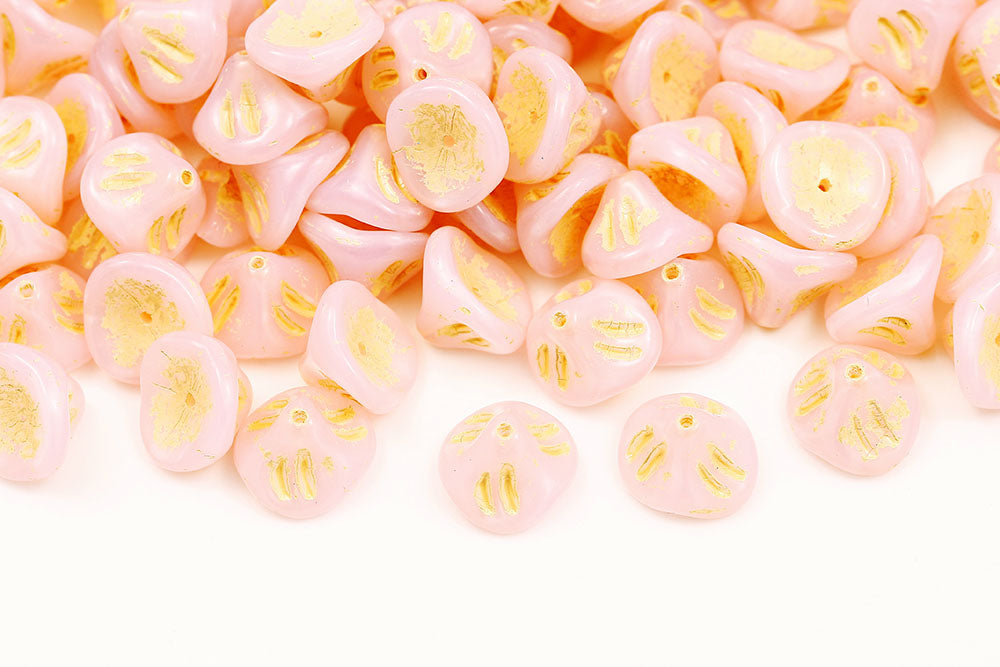 Daylily Flower 8×10mm Opal Pink With Yellow 1-Hole Czech Beads
