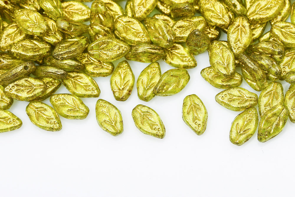 Cherry Leaf 10×6mm Crystal With Gold Sparkling Green 1-Hole Czech Beads