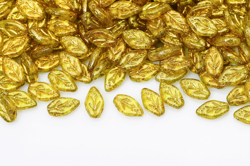 Cherry Leaf 10×6mm Crystal With Gold Sparkling Yellow 1-Hole Czech Beads