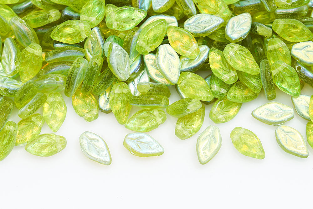 Cherry Leaf 10×6mm Lt.Olivine AB 1-Hole Czech Beads