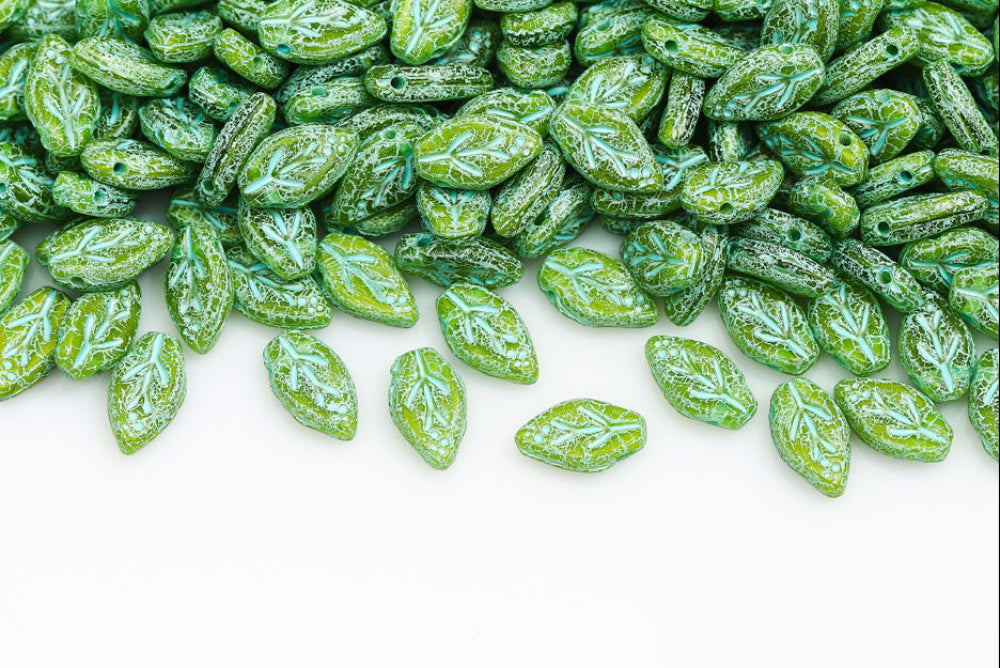 Cherry Leaf 10×6mm Crystal Green Opaque Olivine Mixed With Blue 1-Hole Czech Beads