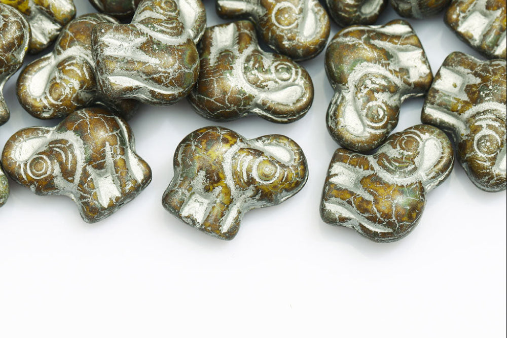 Elephant 20×21 mm Olivine Travertin With Silver 1-Hole Czech Beads
