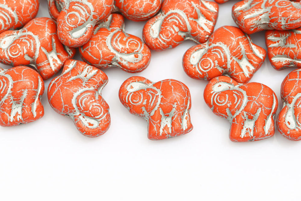 Elephant 20×21 mm Orange With Silver 1-Hole Czech Beads