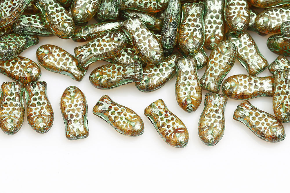 Fish 14×7mm Crystal Travertin With Green 1-Hole Czech Beads