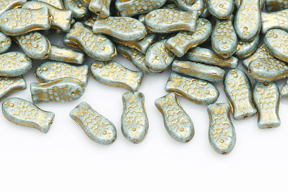 Fish 14×7mm White Blue Luster With Gold 1-Hole Czech Beads