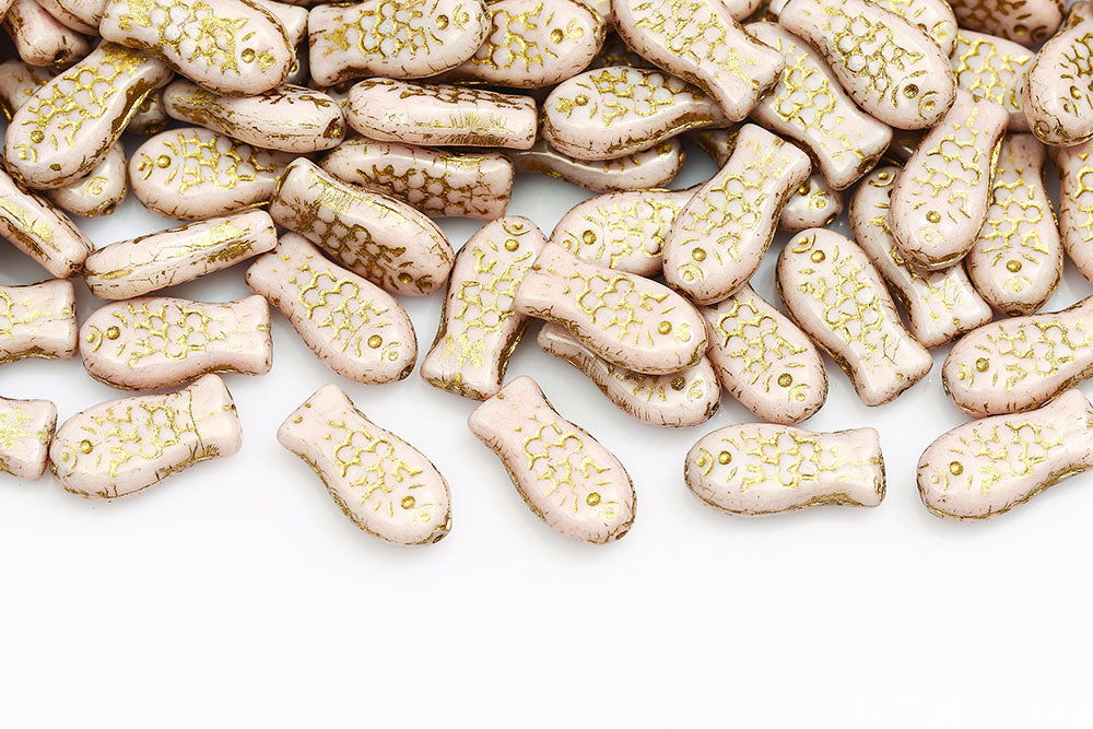 Fish 14×7mm White Pink Luster With Gold 1-Hole Czech Beads