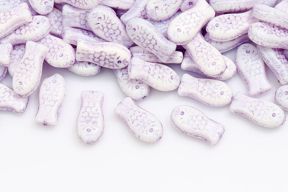 Fish 14×7mm White With Violet 1-Hole Czech Beads