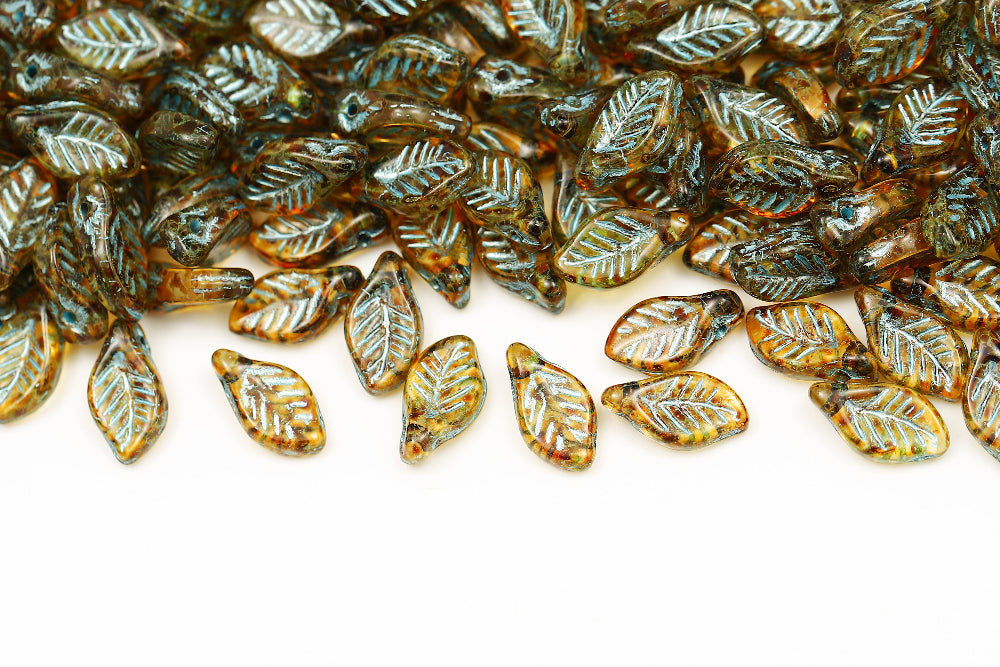 Bay Leaf 12×6mm Crystal Travertin With Blue 1-Hole Czech Beads