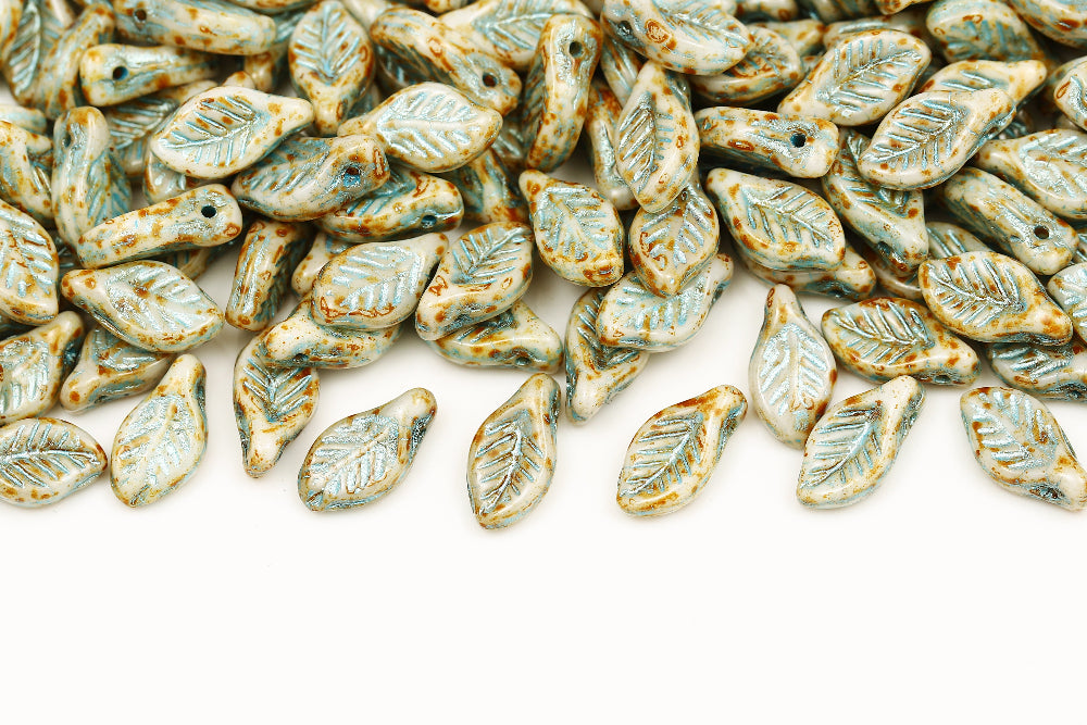 Bay Leaf 12×6mm Alabaster Travertin With Blue 1-Hole Czech Beads