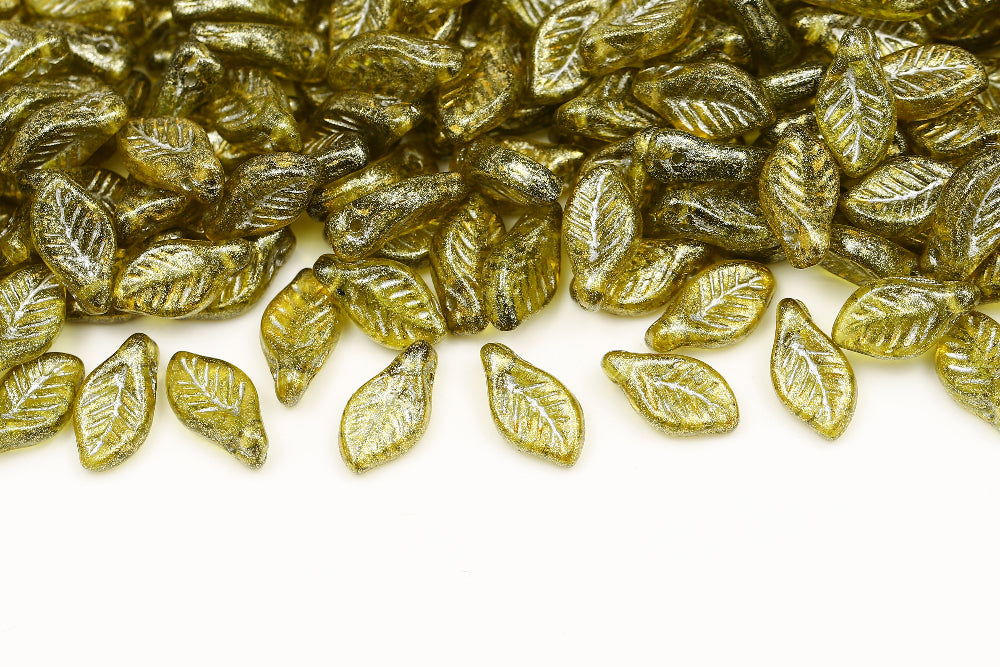 Bay Leaf 12×6mm Crystal Green With Silver Travertin Gold 1-Hole Czech Beads