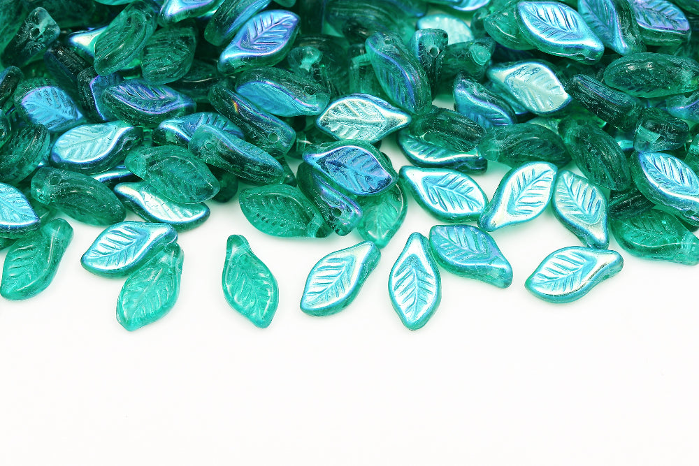 Bay Leaf 12×6mm Emerald AB 1-Hole Czech Beads