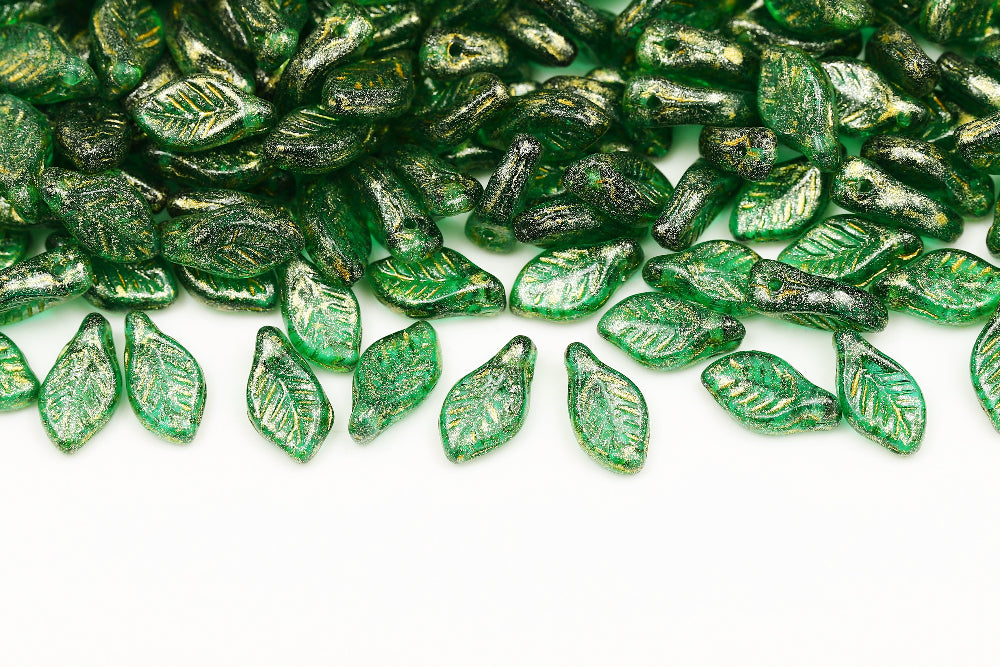 Bay Leaf 12×6mm Crystal Green Drak Travertin Gold 1-Hole Czech Beads